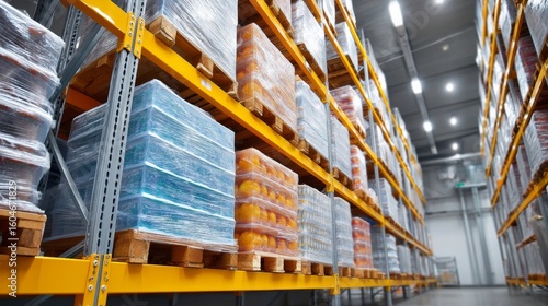Wide View of Stacked Pallets with Cardboard Boxes of Frozen Foods in a Bright Warehouse