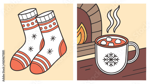 Illustration of cozy winter scene with socks and fireplace with hot chocolate mug and marshmallows