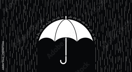 A stark white umbrella stands resiliently shielding against a downpour of white rain against a black background showing protective cover against harsh weather conditions