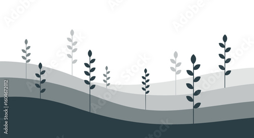 Abstract minimalist landscape with delicate organic plant stems and rolling gradients of earthy tones