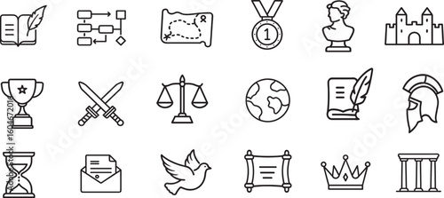 History, Ancient Civilization, and Mythology Line Icon Set