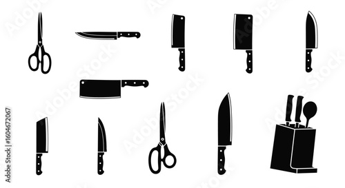 Collection of kitchen utensils and cutting tools for culinary preparation and food service
