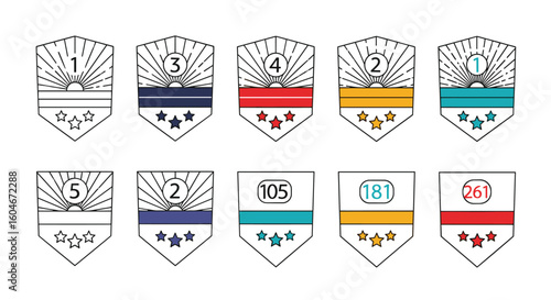 Distinctive emblem designs featuring numerical rankings and star achievements in a geometric shield format