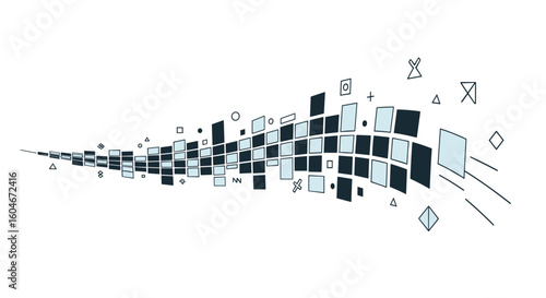 Abstract digital information flow represented by expanding geometric patterns and data particles in motion
