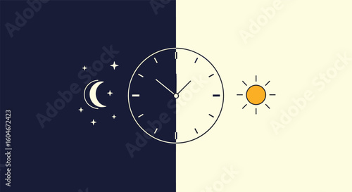 The interplay between daylight and darkness on a circular clock face illustrating time progression