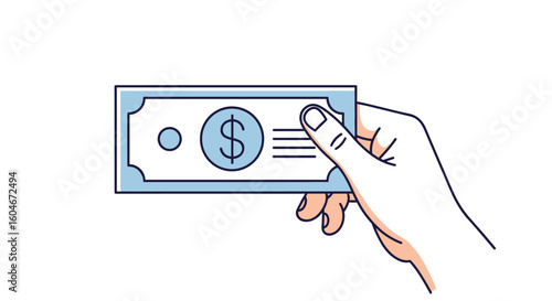 Paying with cash a hand holding a dollar bill for a transaction in a simple style