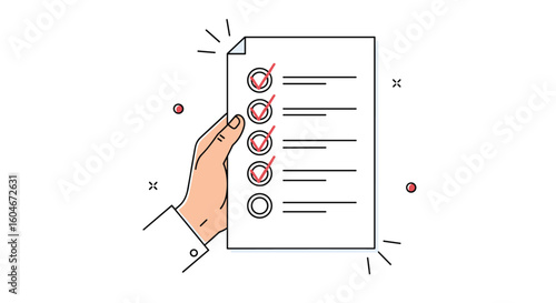 An illustrated hand holds a paper document with a detailed checklist featuring completed tasks and pending items