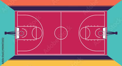 Aerial view of a professional basketball court ready for competitive play competition