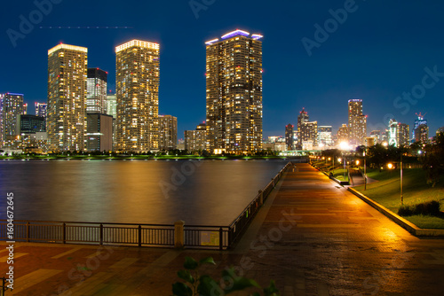 Toyosu skyline at night in Koto, Tokyo, Japan
