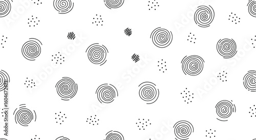 Monochromatic abstract circular geometric pattern with scattered dots and triangles