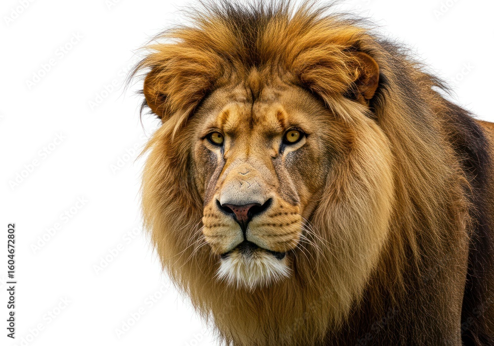 Majestic Male Lion with Golden Mane Portrait in White Background Majestic Male Lion with Golden Mane Portrait in White Background
