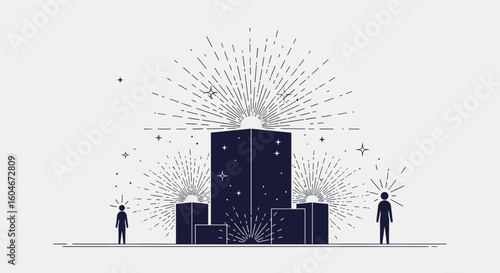 Abstract digital artwork featuring a tall dark structure with expanding particles and silhouetted figures