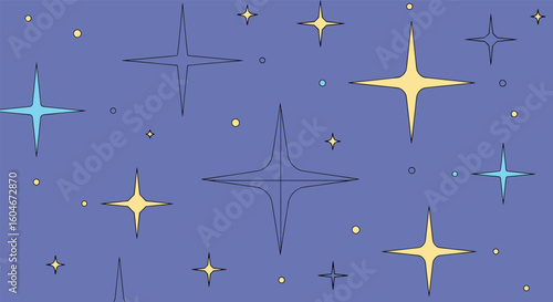 A vibrant collection of sparkling stars and celestial elements adorning a deep blue night sky background for festive occasions