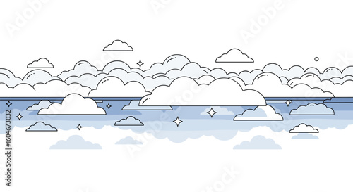 Abstract digital art capturing wispy clouds floating over reflective waters under a starry sky