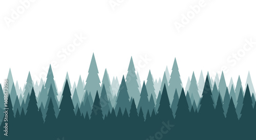 Evergreen forest canopy with layered pine trees in various shades of green and blue and white sky background