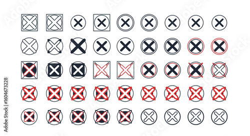 Collection of cross mark icons featuring diverse styles and color palettes across multiple rows