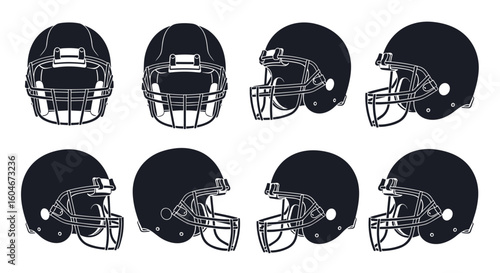 Collection of american football helmet designs showcasing diverse angles and protective gear for athletes