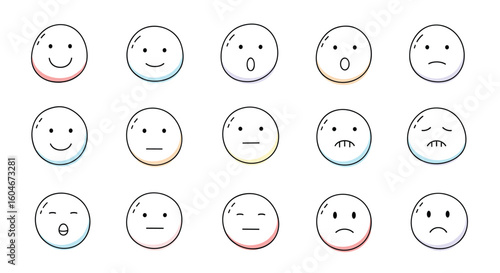Expressive face emoticons representing various human emotions and feelings clearly illustrated