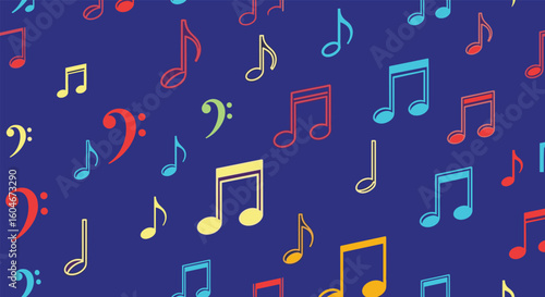Vibrant musical notes and clefs floating across a deep blue background with a festive aesthetic