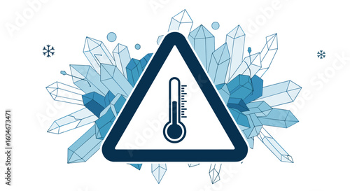 Warning sign with thermometer indicating freezing temperatures surrounded by blue ice crystals and snowflakes
