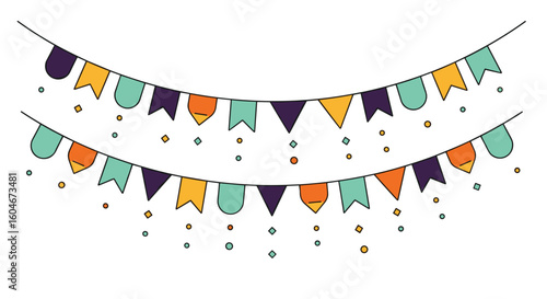 Colorful celebration bunting flags with falling confetti for festive occasions and parties