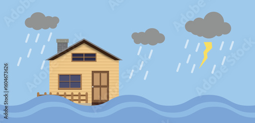 Flood natural disaster with house, heavy rain and storm , damage with home, clouds and rain, flooding water in city, Flooded house.