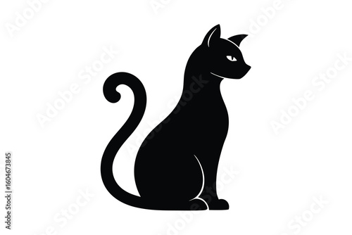 Elegant Black Cat Silhouette Sitting Gracefully with Arched Tail and Intrigued Gaze Design for Pet Lovers