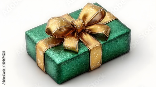 Emerald green gift box with gold ribbon and bow.