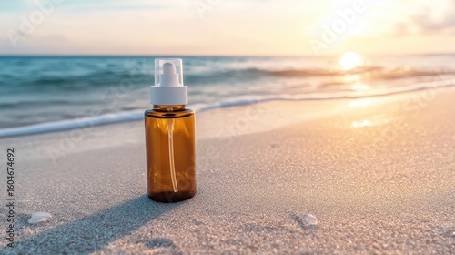 Amber Bottle with Spray Top on Sandy Beach at Sunset Near Ocean Waves