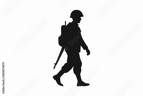 Silhouette of a Soldier Walking with Gear in Dark Monochrome Against White Background Symbolic of Remembrance and Military Service