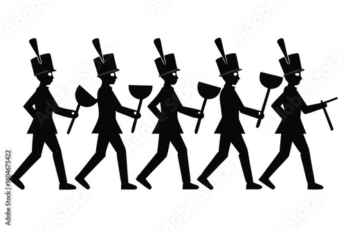 Silhouette of Musicians Marching in Formation with Plungers a Symbol of Satire and Unconventional Parade Art