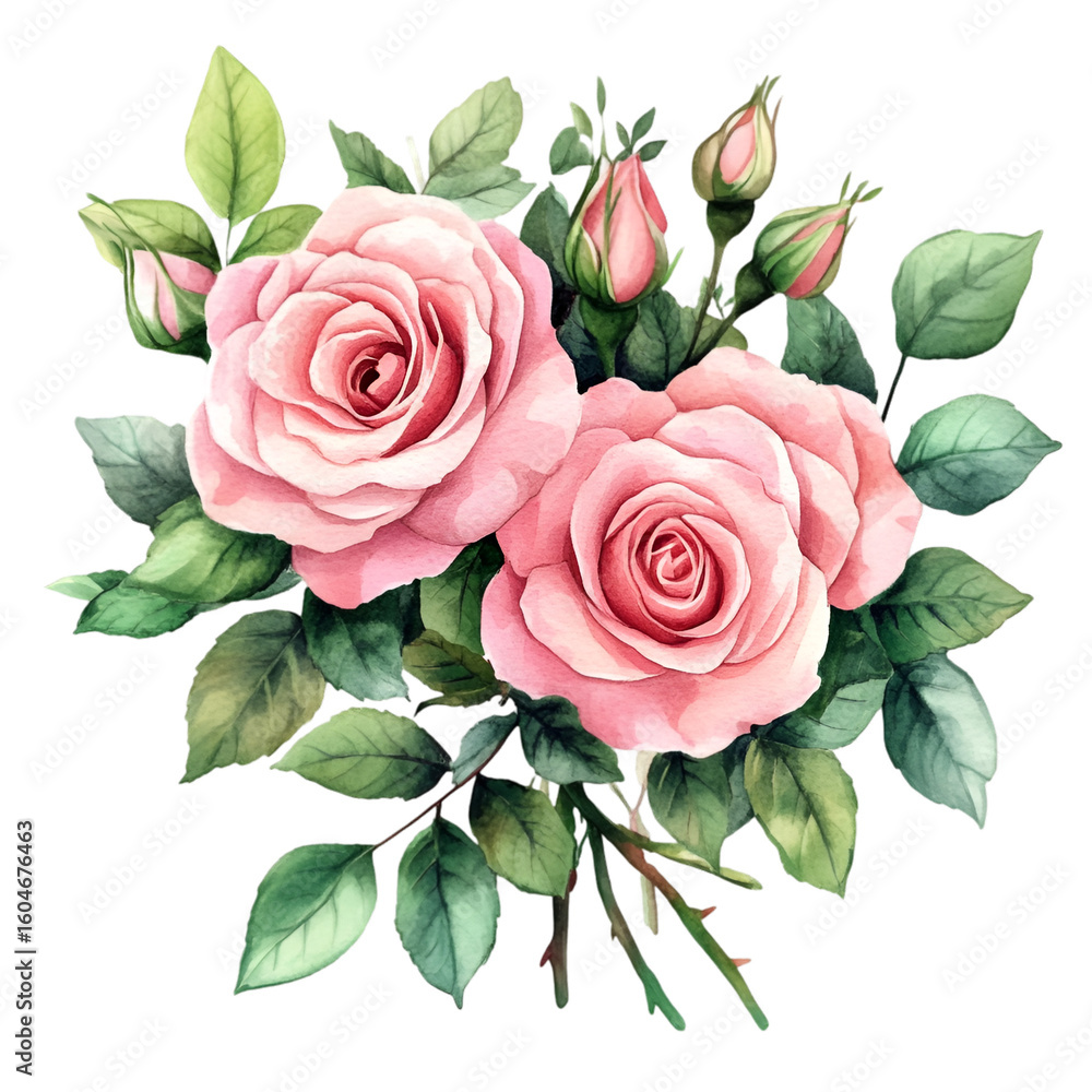 Naklejka premium Romantic Pink Rose Bouquet Watercolor Illustration