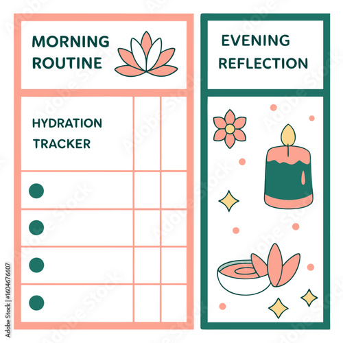 Morning routine hydration tracker and evening reflection with candle and lotus flower illustration