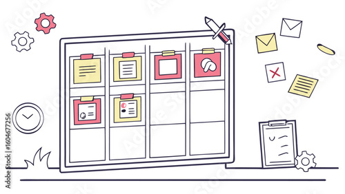 Illustration of a kanban board with sticky notes, clock, gears, and clipboard on a white background