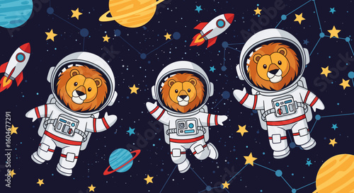 Three delightful cartoon lions, dressed as astronauts, float through the starry expanse of space, surrounded by colorful planets and rockets.