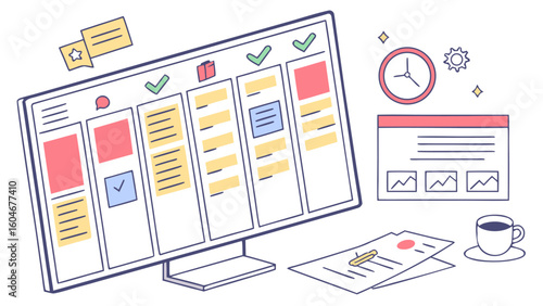 Illustration of a computer screen displaying a kanban board with tasks and a cup of coffee nearby