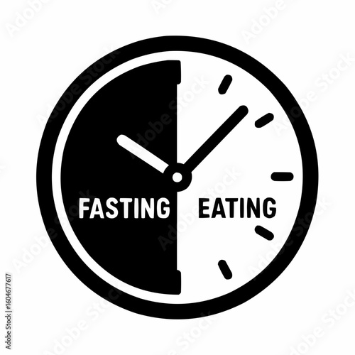 Intermittent Fasting. Clock divided into eating/fasting windows. Time-restricted visual