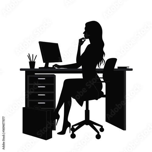Woman working at desk with computer and briefcase silhouette chair
