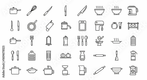 Cooking and Kitchen Utensil Line Icon Set – Cookware, Food Prep Tools, Mixer, Knife, Spoon, Bowl, Appliances Vector Illustration

