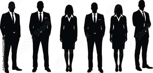 Business professionals in formal attire – silhouette illustration of men and women in office suits, standing poses for corporate concepts.
