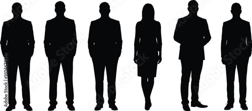 Business professionals in formal attire – silhouette illustration of men and women in office suits, standing poses for corporate concepts.