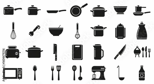 Cooking and Kitchen Utensil Line Icon Set – Cookware, Food Prep Tools, Mixer, Knife, Spoon, Bowl, Appliances Vector Illustration


