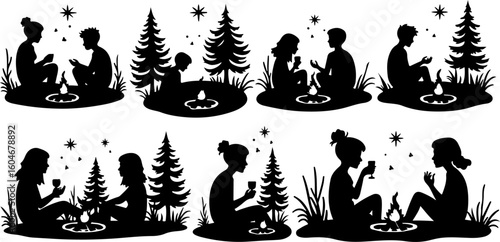 Campfire hiking mountain tree Silhouettes Under the Stars 