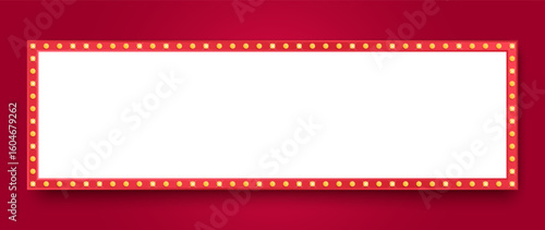 Retro red lightbox wide frame with light bulbs. Vintage banner for cinema, bar show or restaurant. Marquee rectangle with illuminated light bulbs. Design for vintage decoration and signboard. Vector
