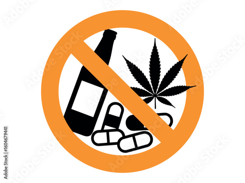 Red prohibition sign with a graphic of a bottle, marijuana leaf, and pills. Say no to substance abuse with this bold prohibition sign featuring alcohol, drugs, and marijuana. 