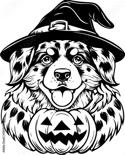 SVG of a Halloween dog wearing a witch hat with a pumpkin in a cute festive style.  Happy Shepherd Dog in Halloween Hat with Pumpkin Illustration