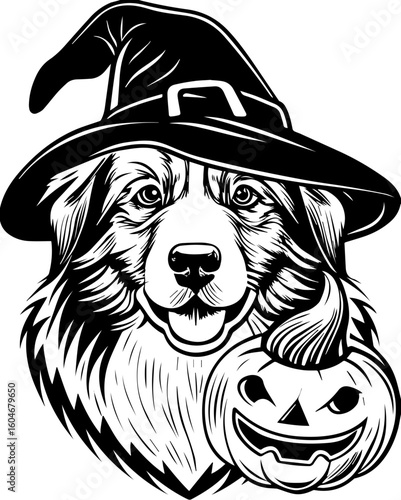 SVG of a Halloween dog wearing a witch hat with a pumpkin in a cute festive style.  Playful Shepherd Dog with Witch Hat and Pumpkin Illustration