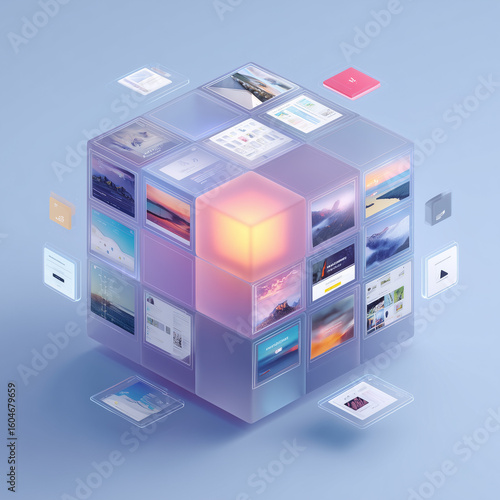 Dynamic digital cube showcases diverse web content and user interfaces, inspiring creative projects.