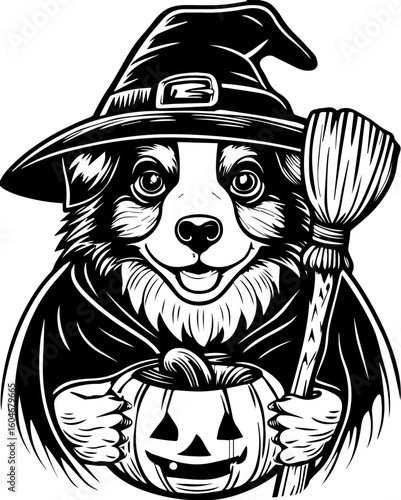 SVG of a Halloween dog wearing a witch hat with a pumpkin in a cute festive style.  Happy Shepherd Dog in Witch Hat Holding Pumpkin for Halloween