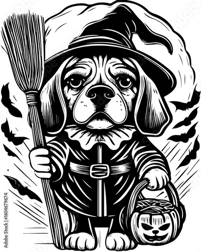 SVG of a Halloween dog wearing a witch hat with a pumpkin in a cute festive style.  Cute Witch Dog with Broom and Basket for Halloween Decor